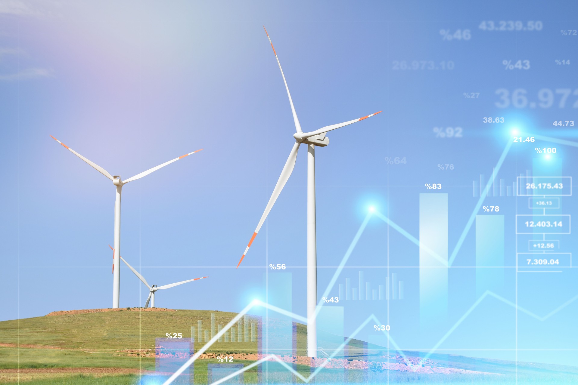 Energy prices rising concepts. Finance and economic growth in energy costs. Wind turbines with financial graphs, analyzing data of power and energy prices