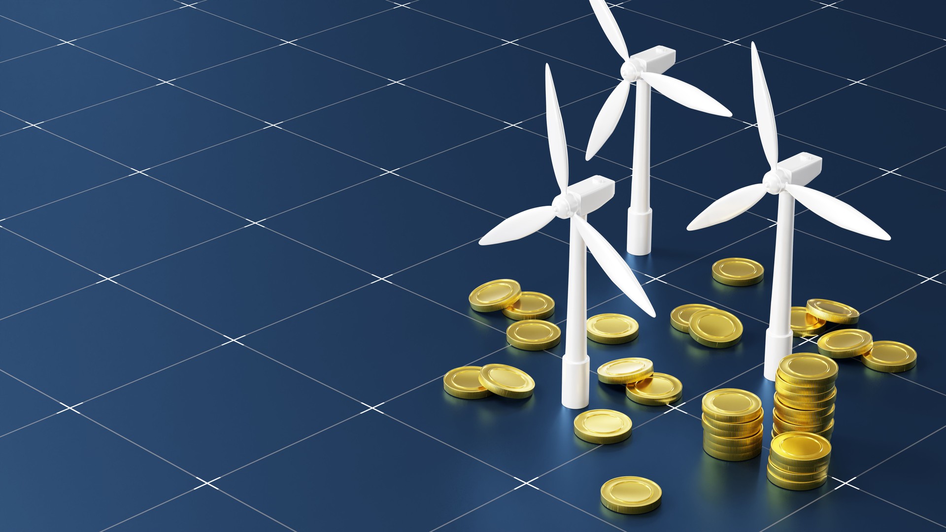 Renewable Energy Investment Concept with Wind Turbines and Coins